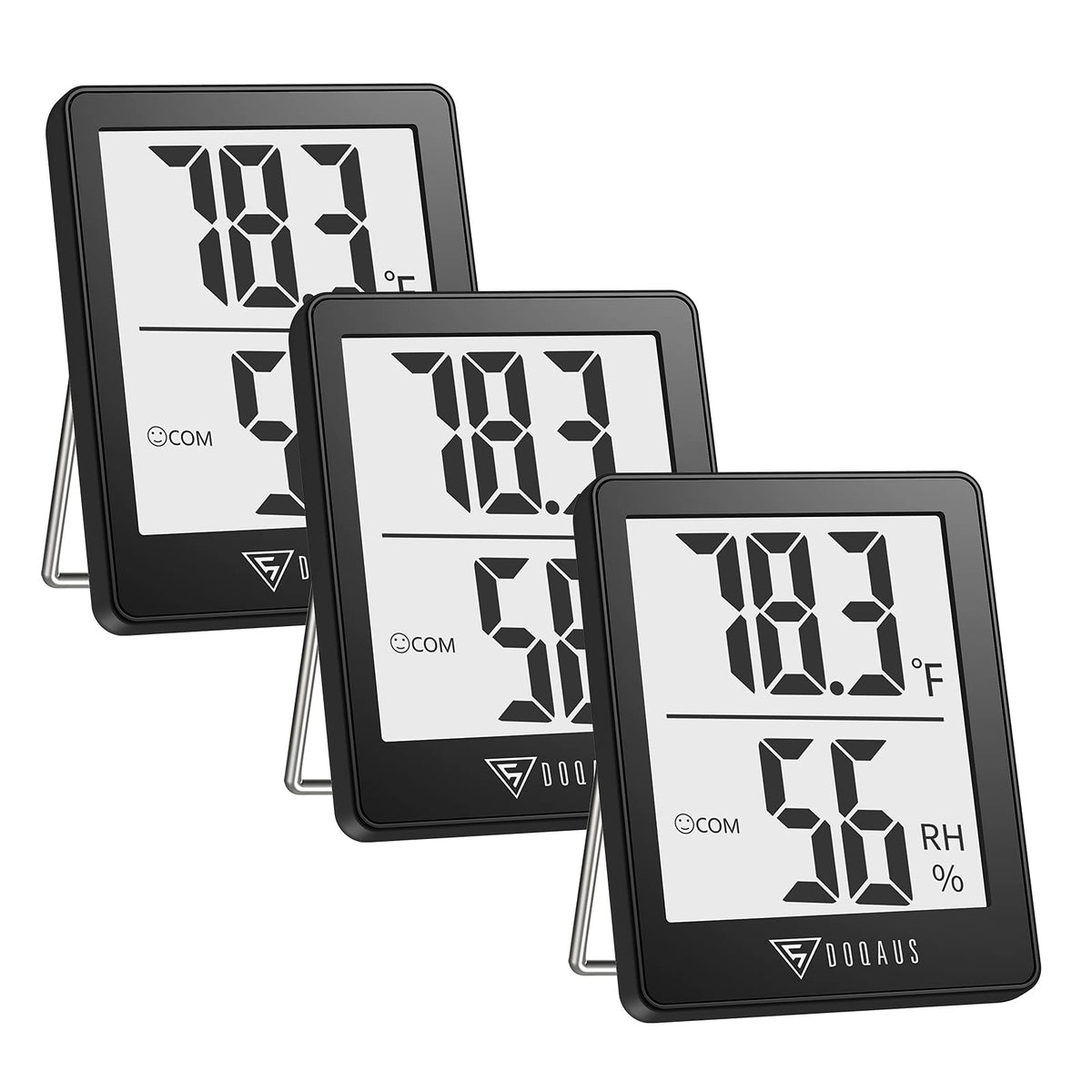 DOQAUS digital hygrometer trio display readout shows quick readings for humidity and temperature