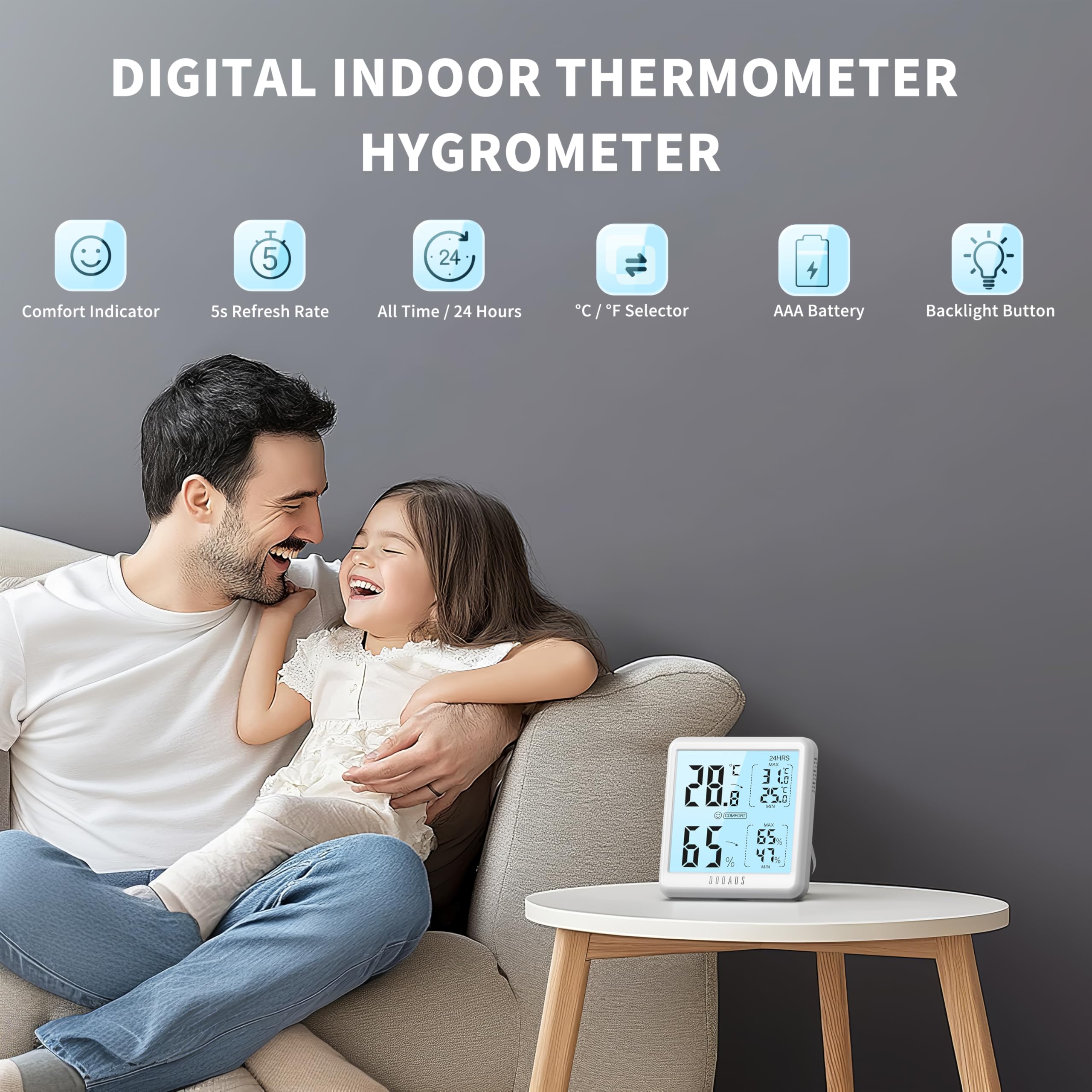 DOQAUS digital hygrometer backlit display stays readable in dim rooms