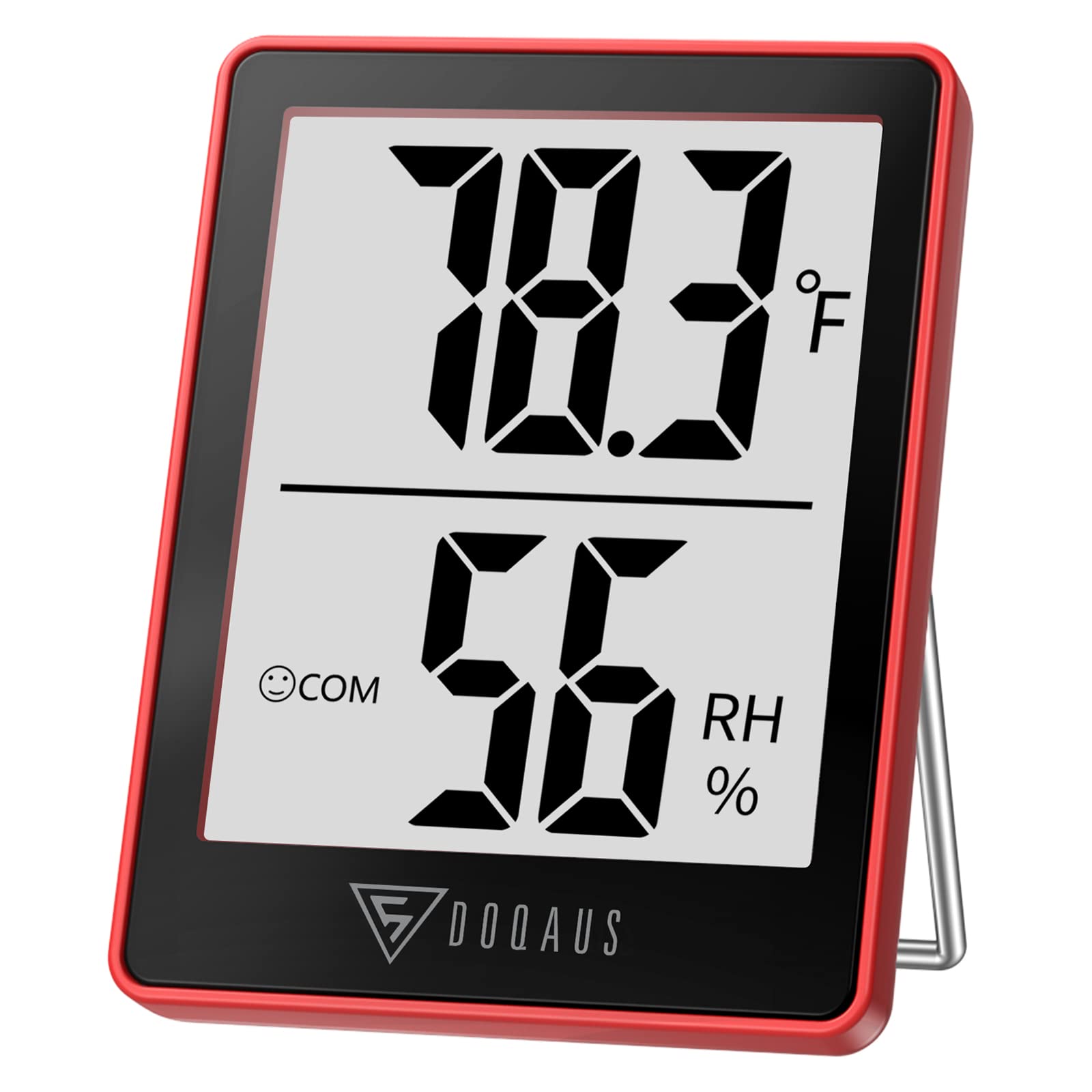 DOQAUS digital hygrometer display shows temperature and humidity at a glance