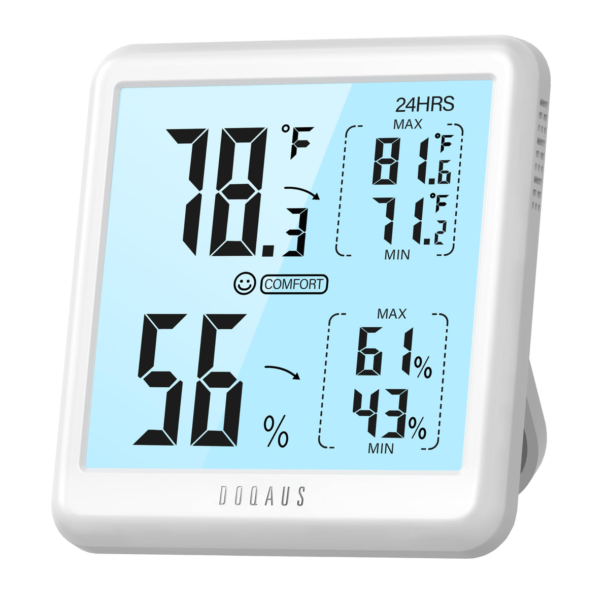 DOQAUS digital hygrometer front display shows temperature and humidity at a glance for quick checks