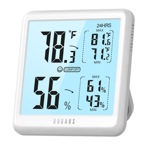 DOQAUS digital hygrometer front display shows temperature and humidity at a glance for quick checks