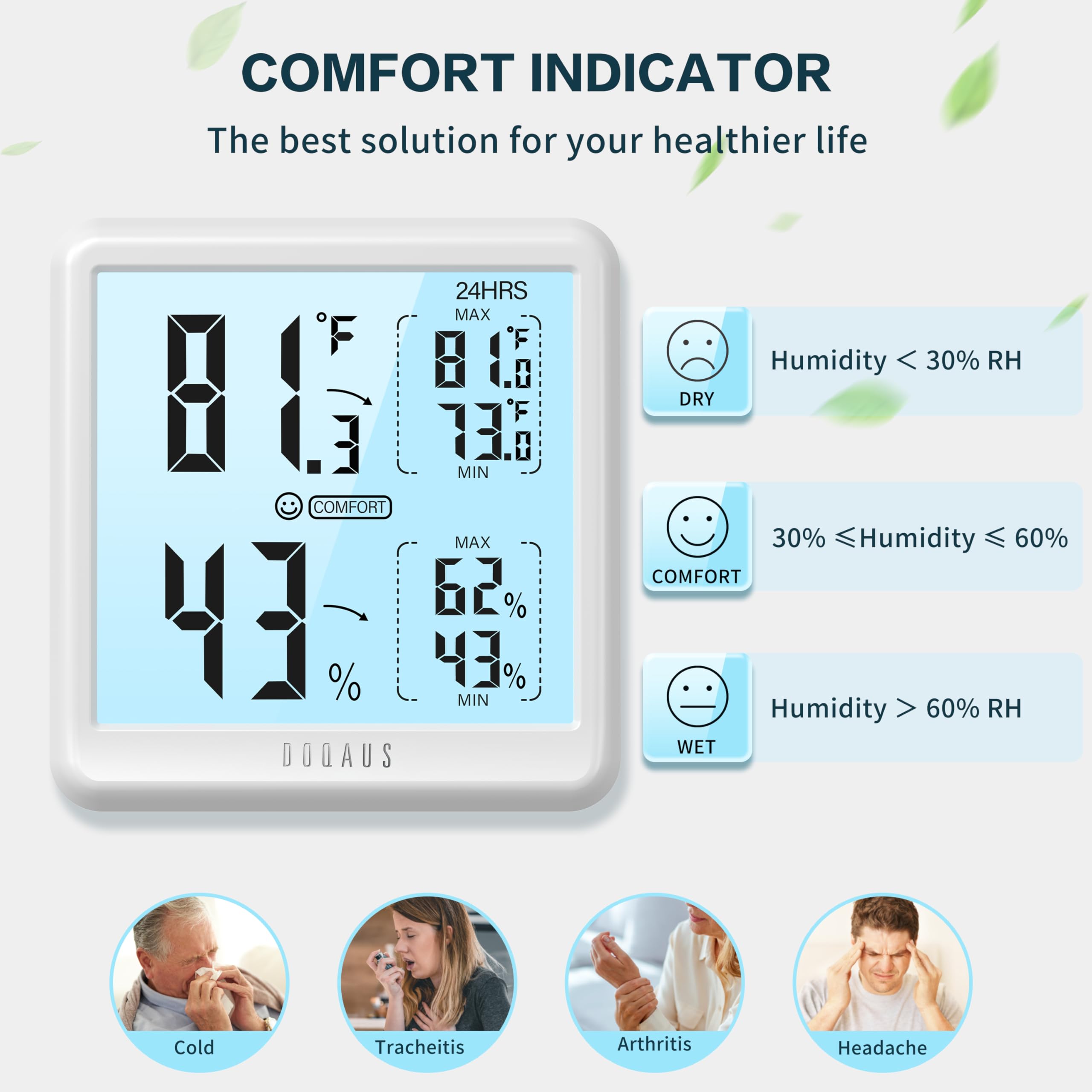 DOQAUS digital hygrometer max/min records show daily air condition changes