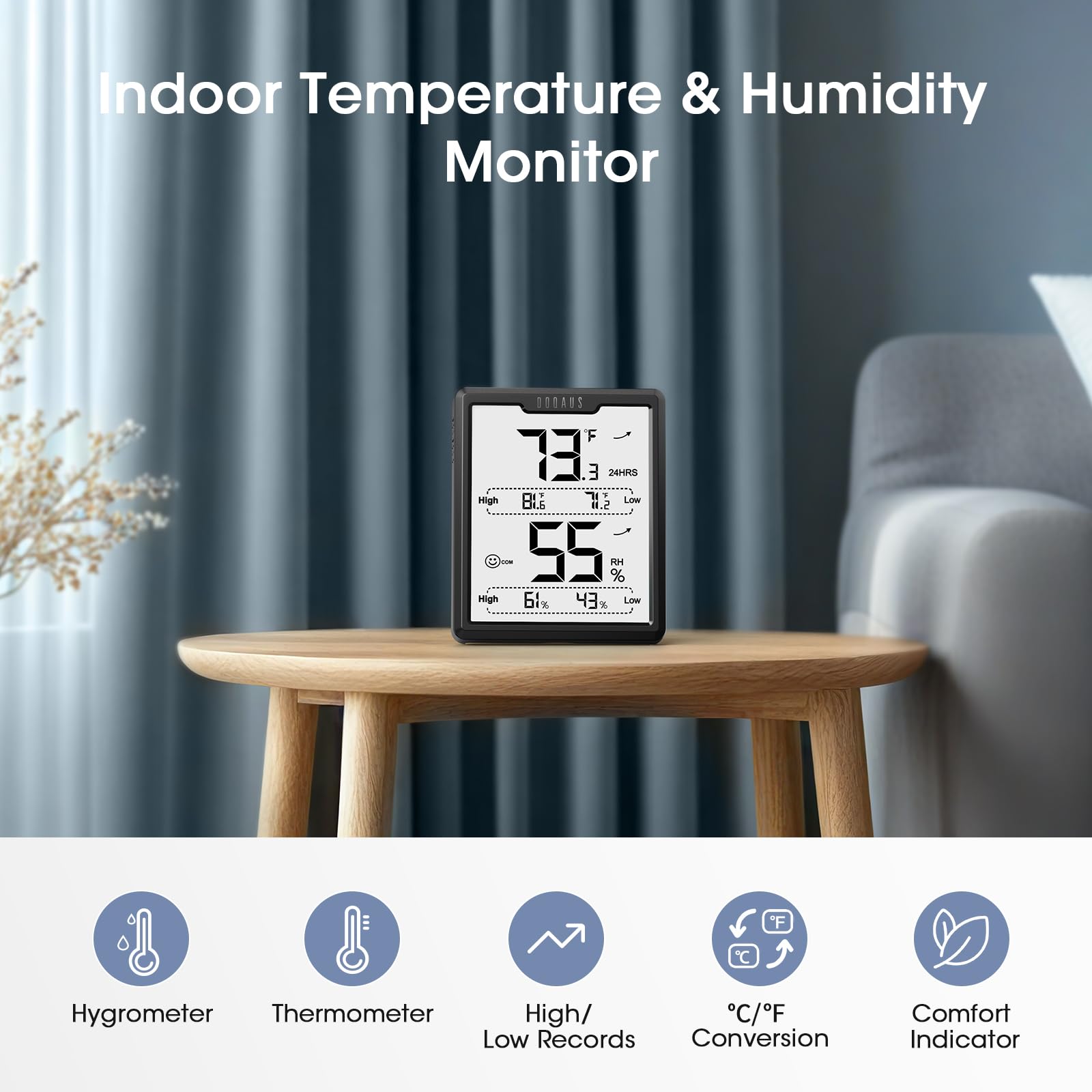 DOQAUS digital hygrometer with precision sensor for reliable humidity and temperature readings.