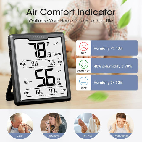 DOQAUS digital hygrometer air comfort indicator shows comfortable humidity levels.