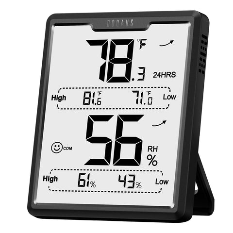 DOQAUS digital hygrometer with large LCD display for easy indoor climate monitoring.