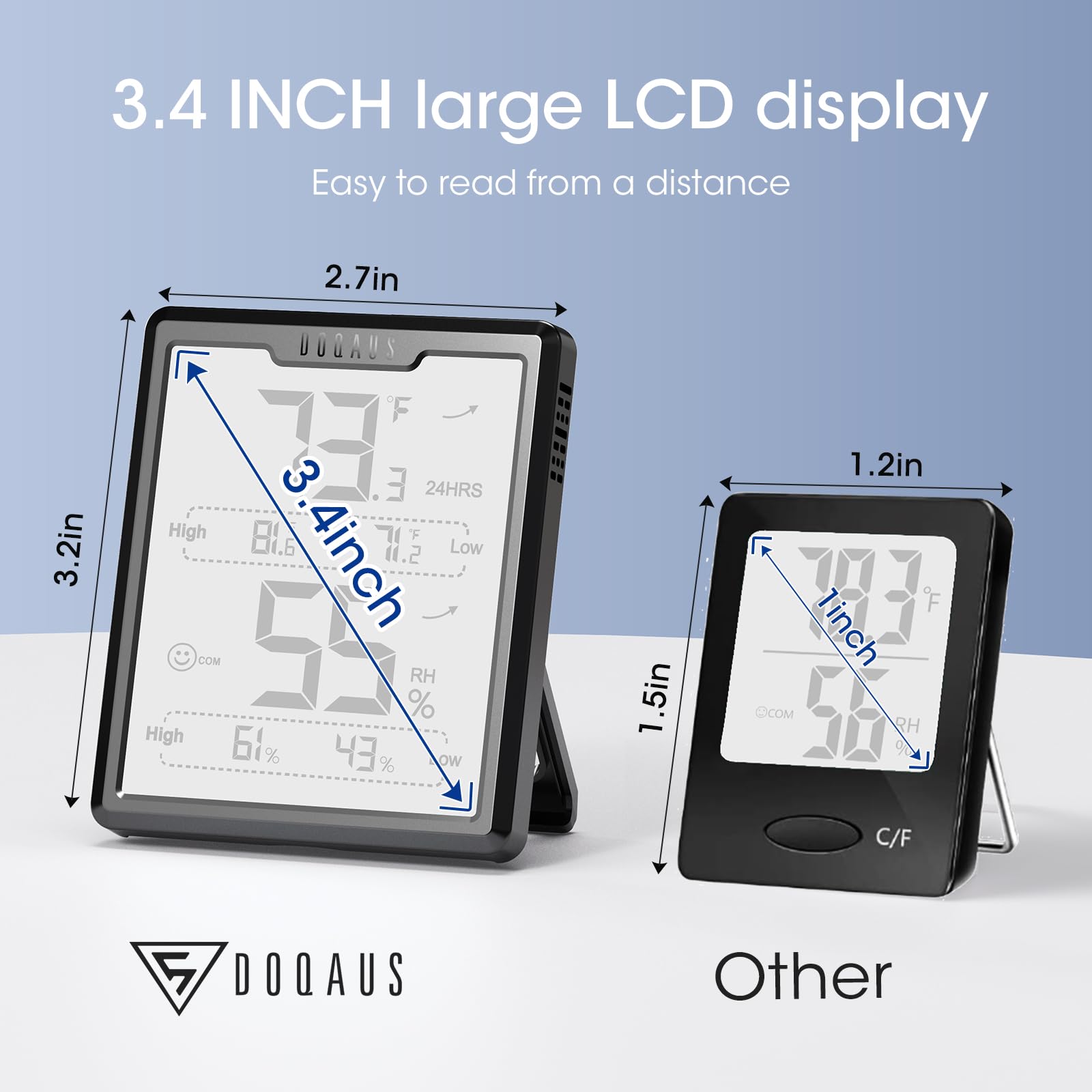 DOQAUS digital hygrometer records max and min readings for tracking trends.
