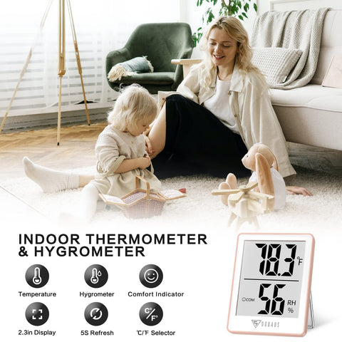 DOQAUS humidity meter with air comfort indicator signals DRY, COMFORT, and WET conditions.
