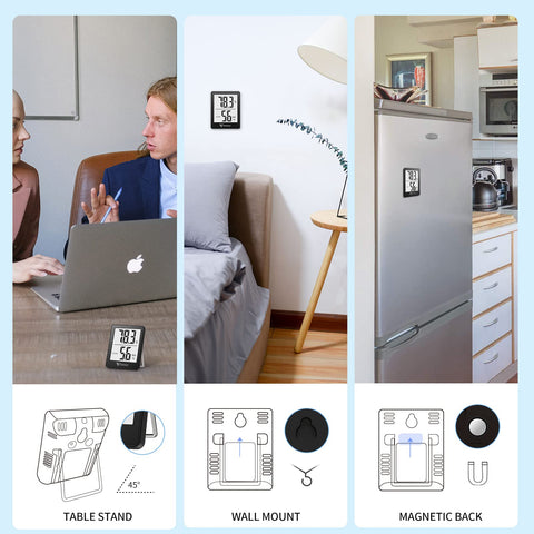 DOQAUS hygrometer mounting options image shows hanging hole, tabletop stand, and magnet attachment.