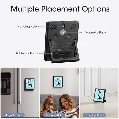 DOQAUS hygrometer with hanging hole, stand, and magnet mounting options