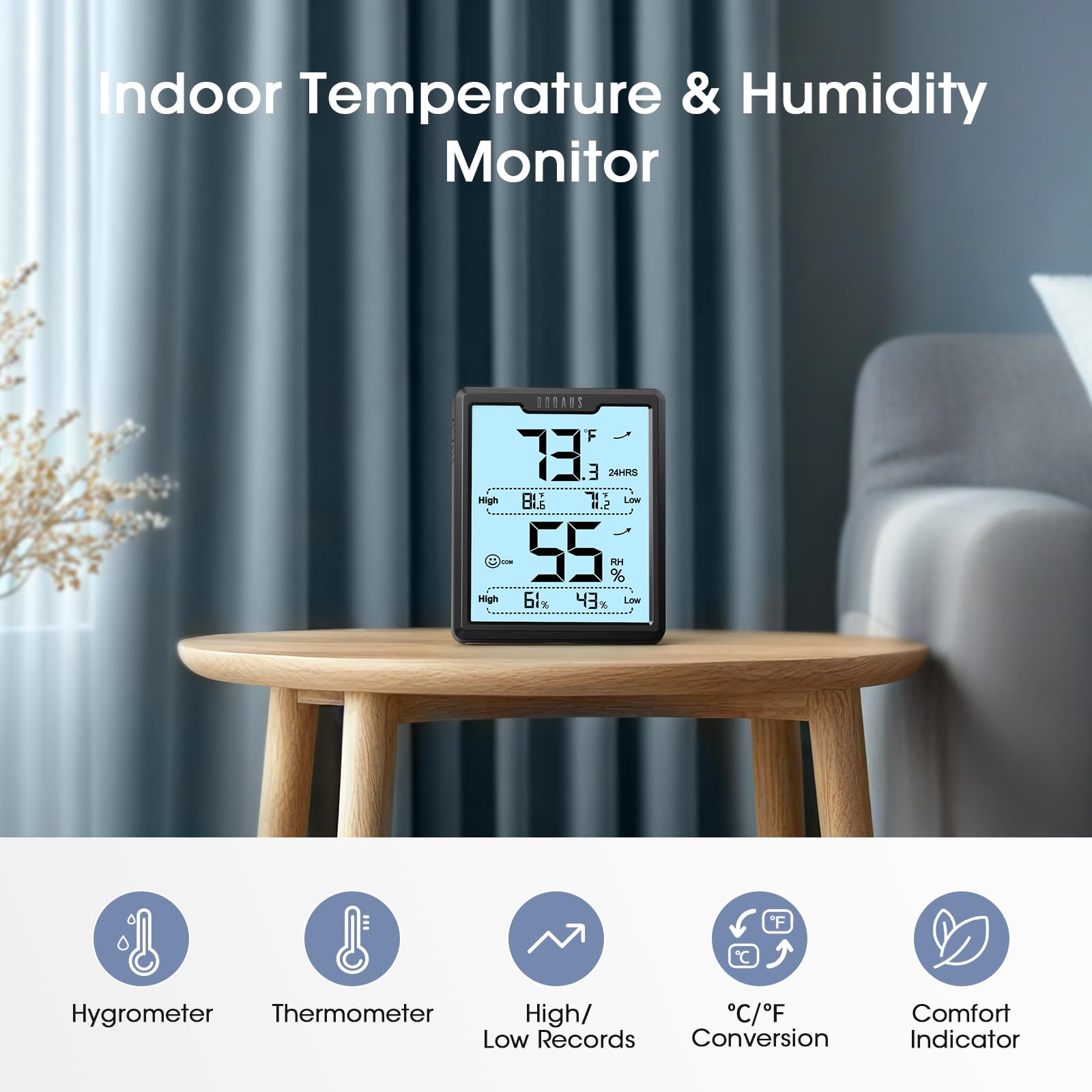 DOQAUS hygrometer with temperature unit switch for easy °C/°F changes