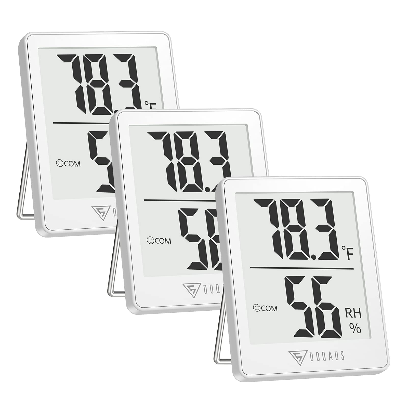 DOQAUS indoor thermometer with LCD display shows temperature and humidity.