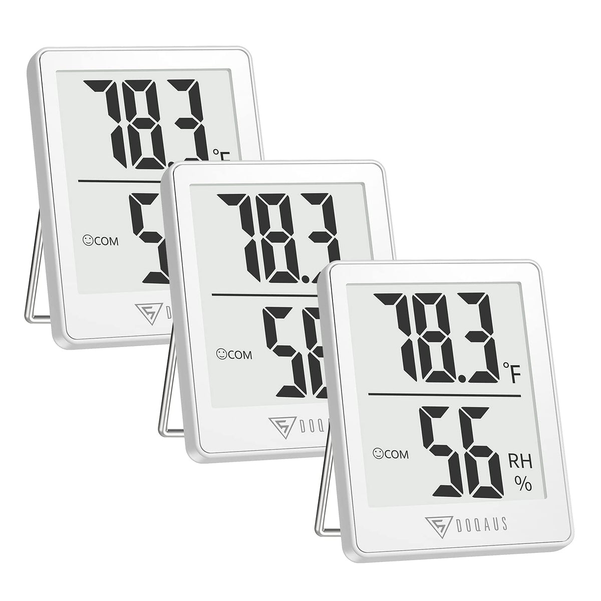 DOQAUS indoor thermometer with LCD display shows temperature and humidity.