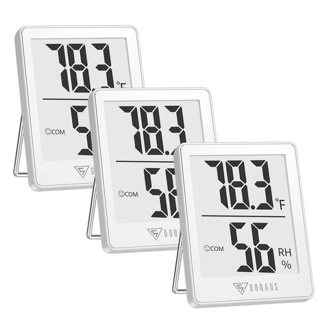 DOQAUS indoor thermometer with LCD display shows temperature and humidity.
