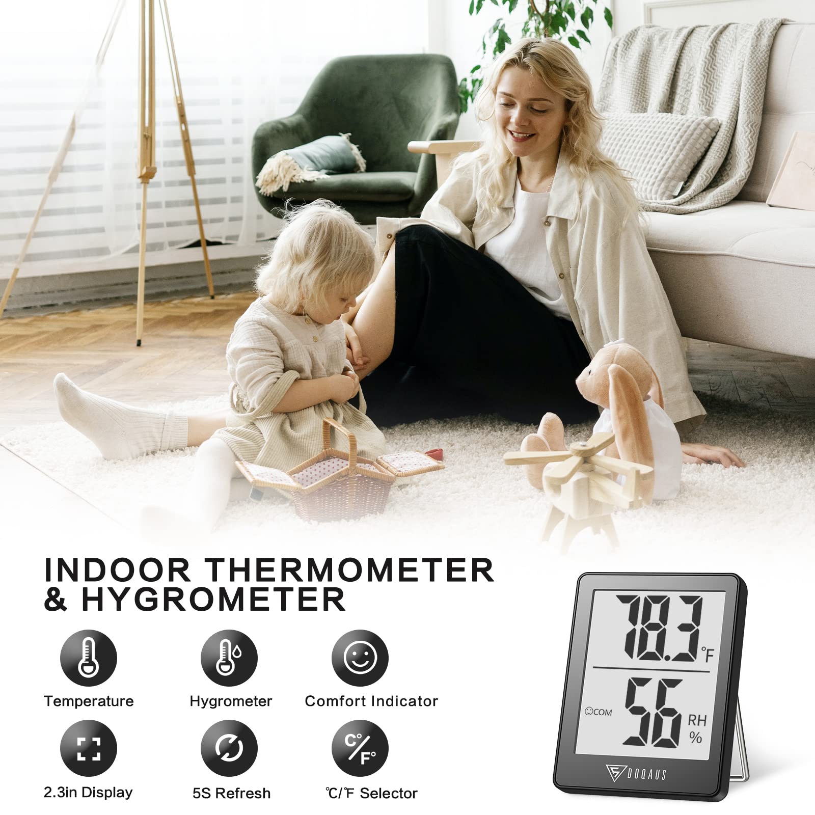 DOQAUS indoor thermometer with compact display for easy reading from any angle