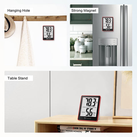 DOQAUS mounting options: hanging hole, tabletop stand, magnet attachment