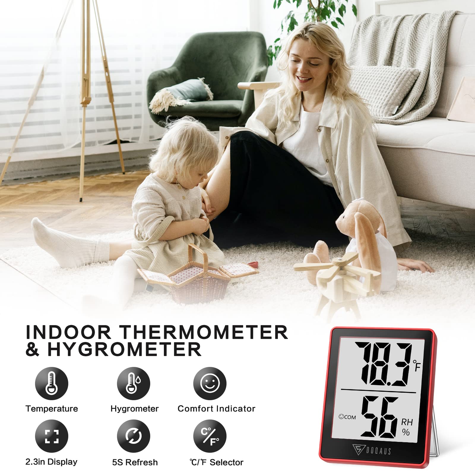 DOQAUS temperature and humidity monitor with clear LCD readout
