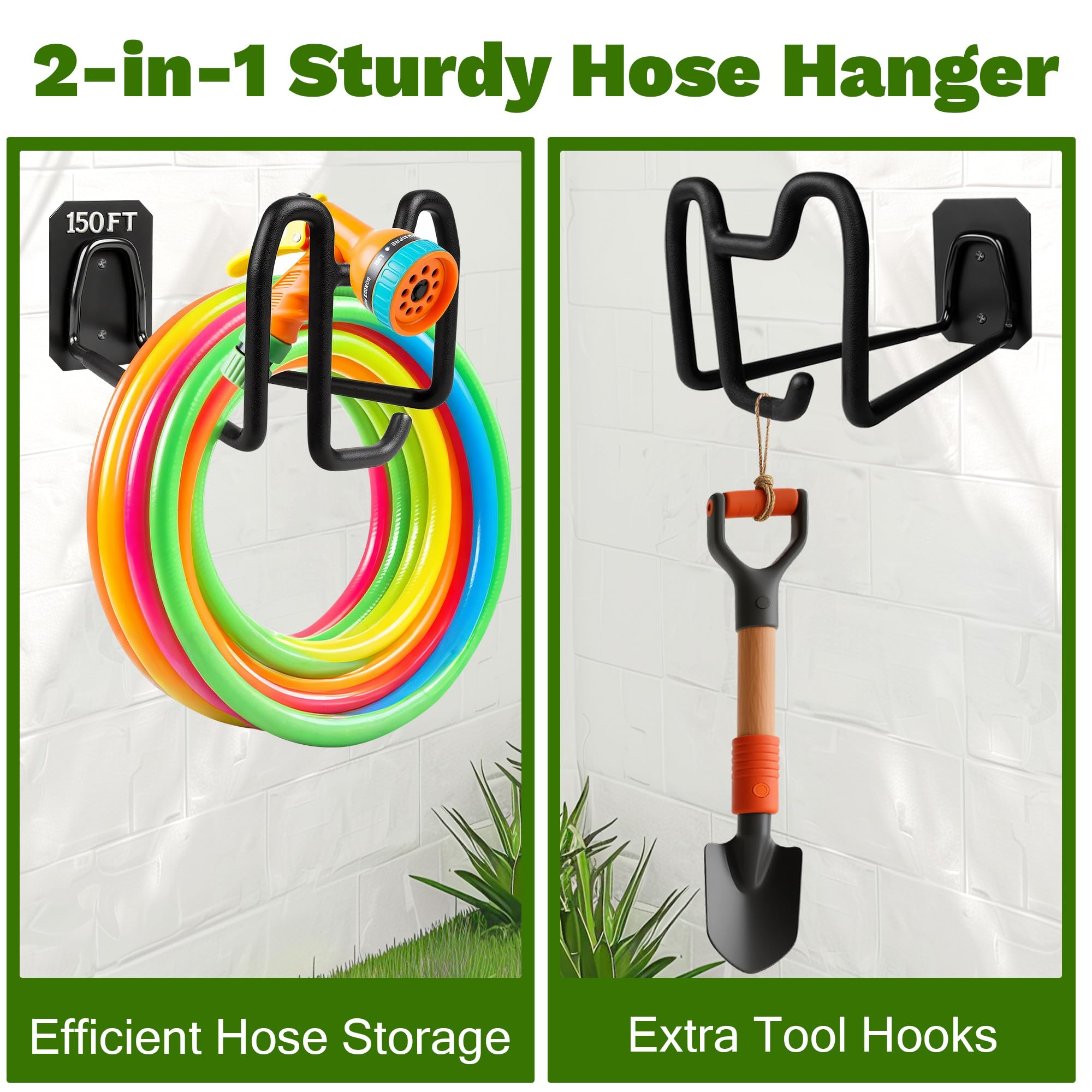 Dorblely garden hose holder features a tool hook for gloves and gardening tools