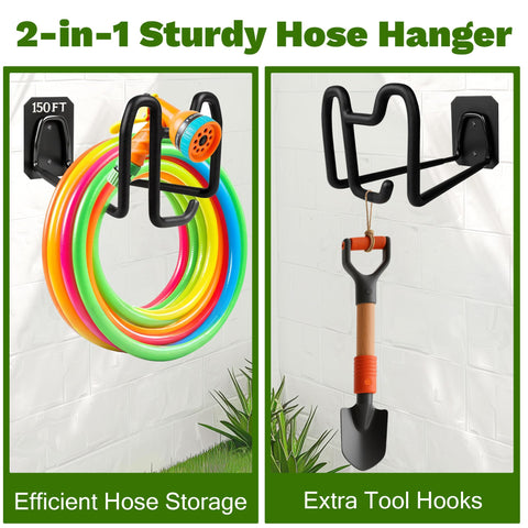 Dorblely garden hose holder features a tool hook for gloves and gardening tools