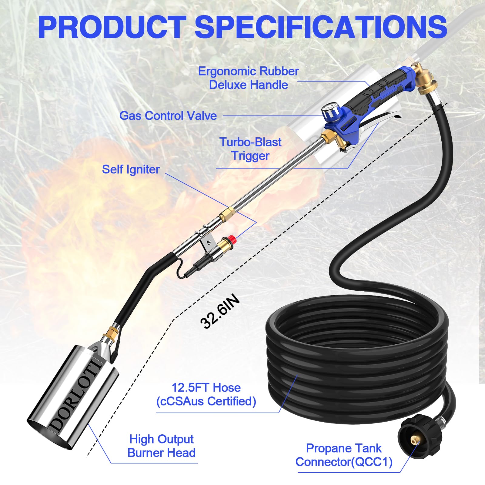 DORLOTI torch delivering a strong 3600°F flame on a surface