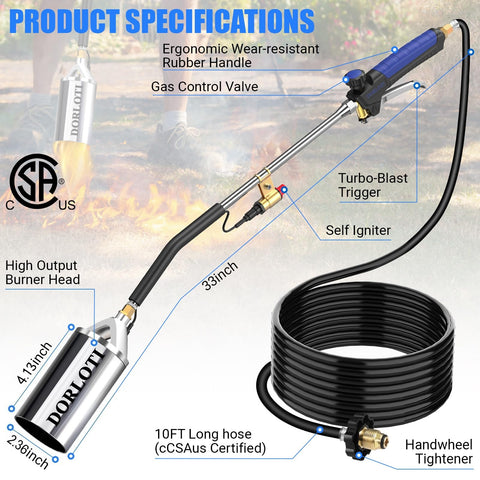 DORLOTI torch delivers 3600°F heat with a large efficient nozzle.