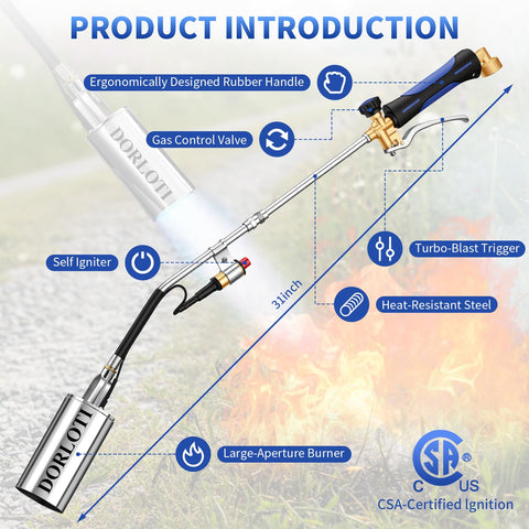 Dorloti torch with self-igniter and CSA certification enabling safe startups