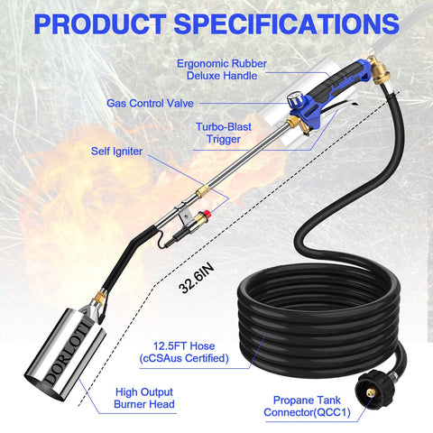 DORLOTI torch features ignition and flame control for easy one handed operation.