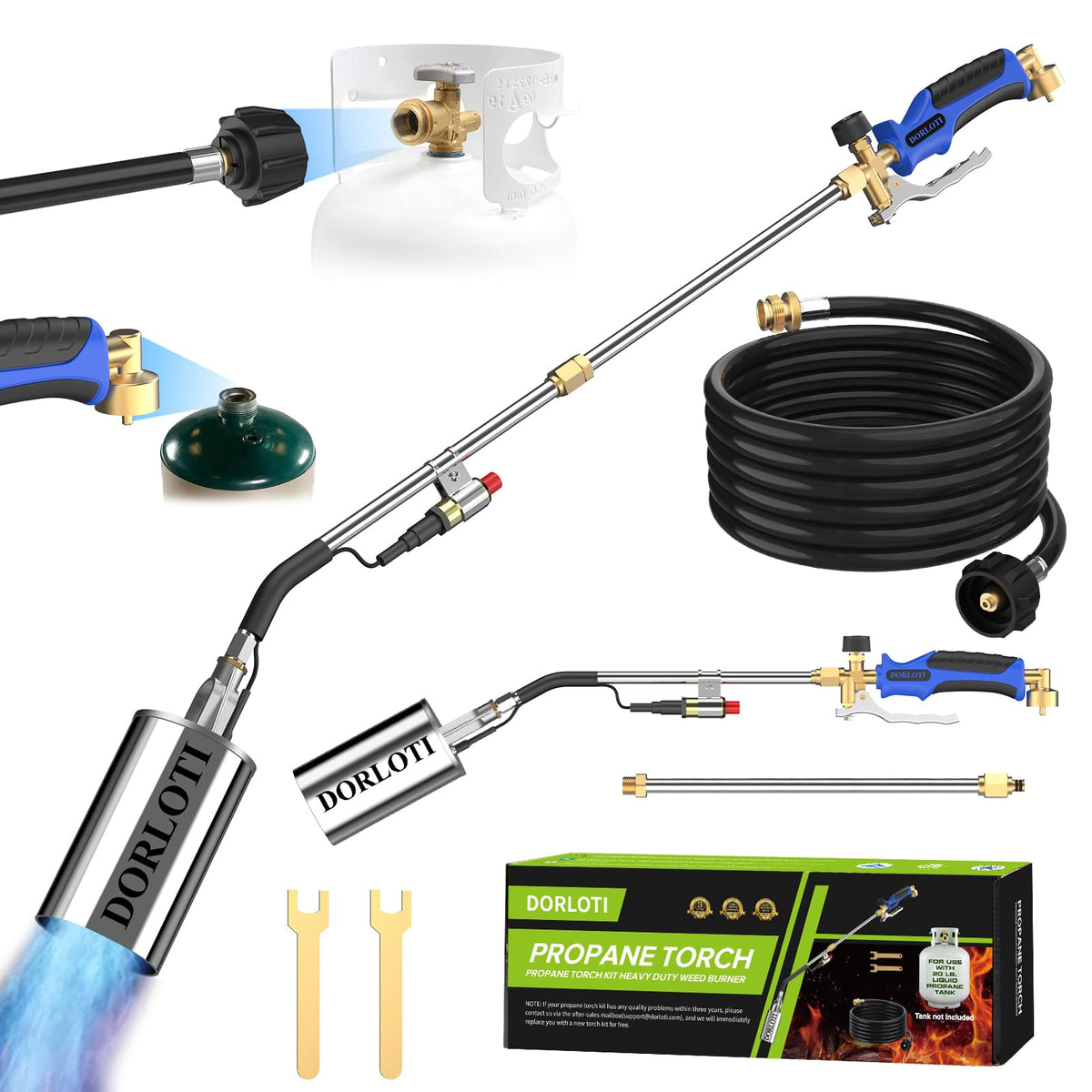 DORLOTI propane torch weed burner nozzle and ergonomic handle for precise ignition.