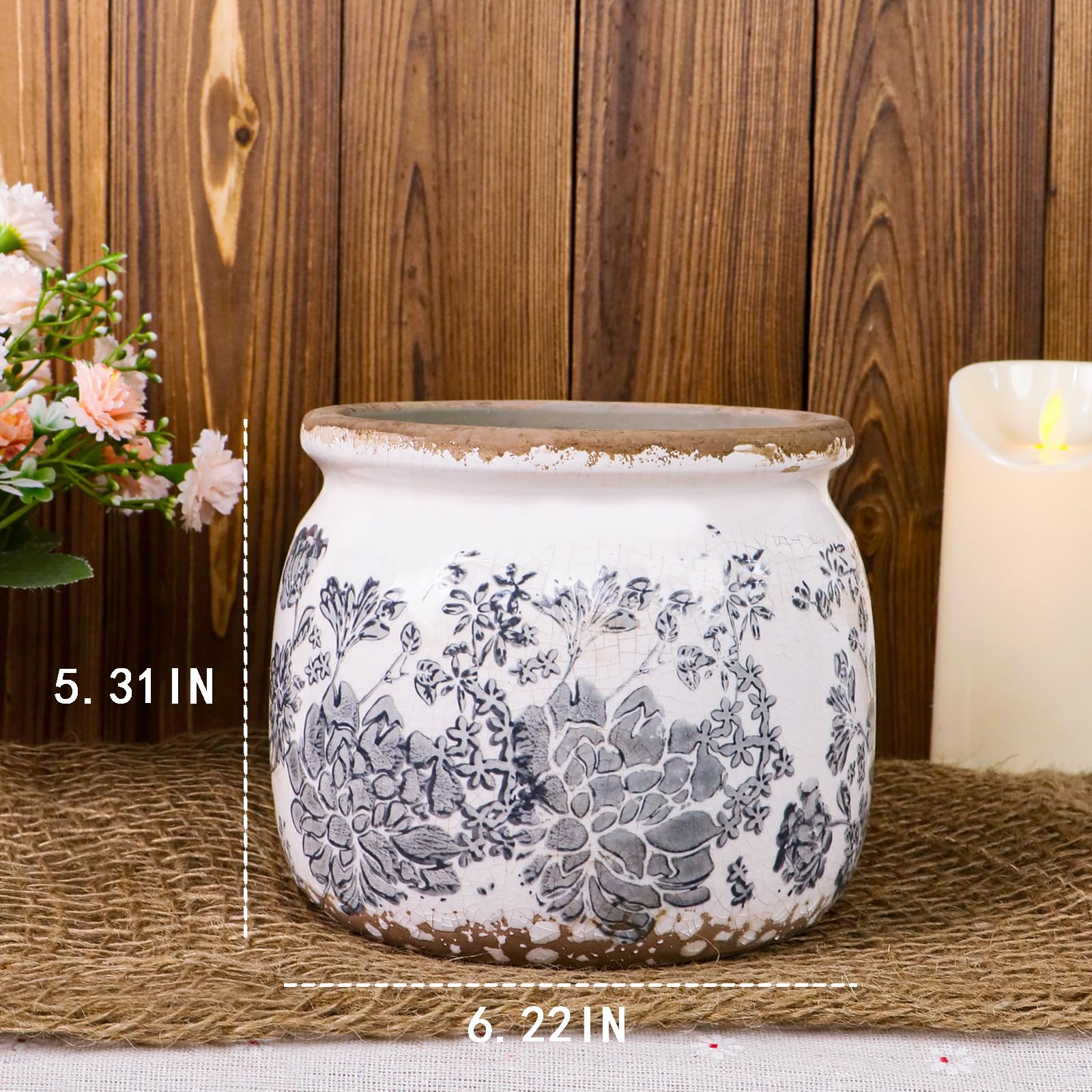 Dosayes Flower Pot features a vintage distressed finish that complements rustic decor.