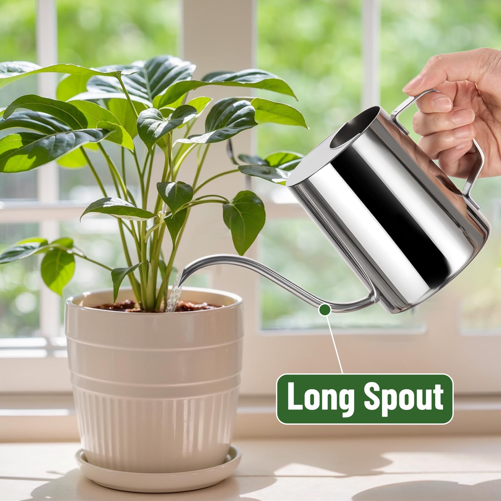 Doseno ergonomic handle watering can offers comfortable pouring for plants.