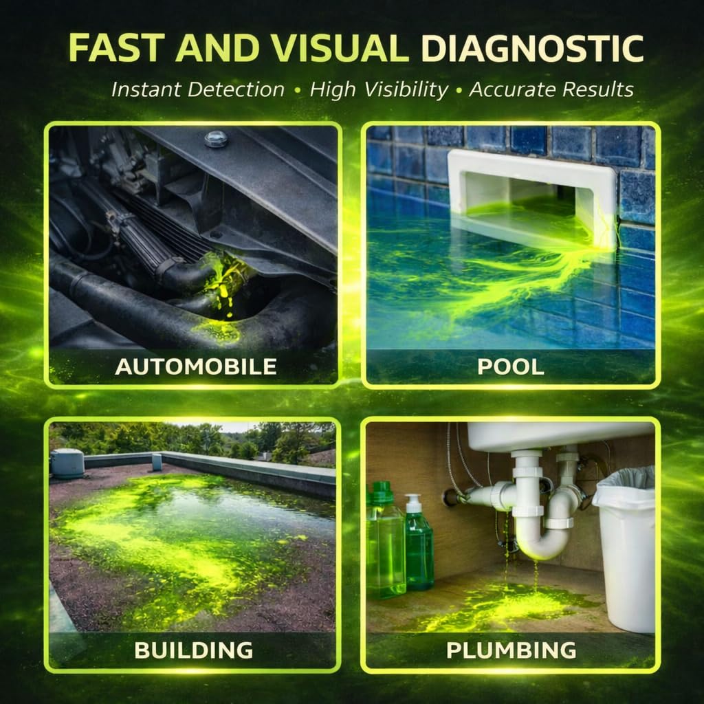DOSIDIAG fluorescein tracer dye in spa water showing rapid leak paths under UV