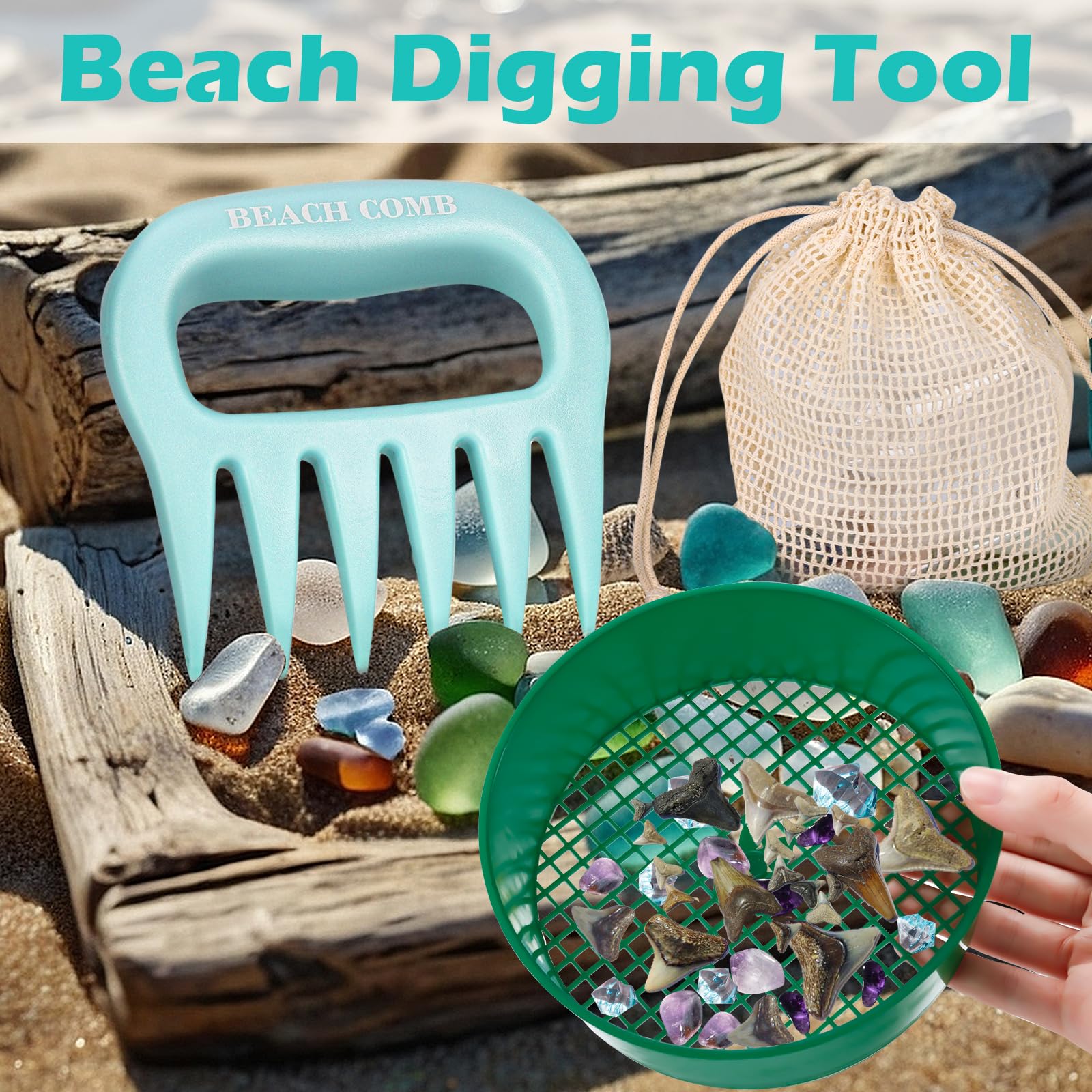 DOSTATNI shark tooth sifter close-up protecting hands while collecting coastal finds