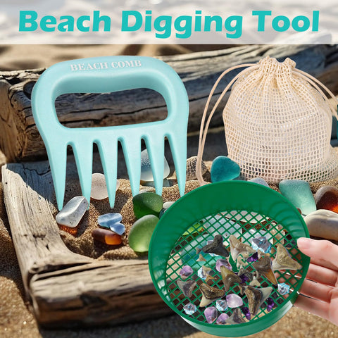 DOSTATNI shark tooth sifter close-up protecting hands while collecting coastal finds