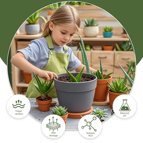 Seedling in pot using Doter mix for strong root development.