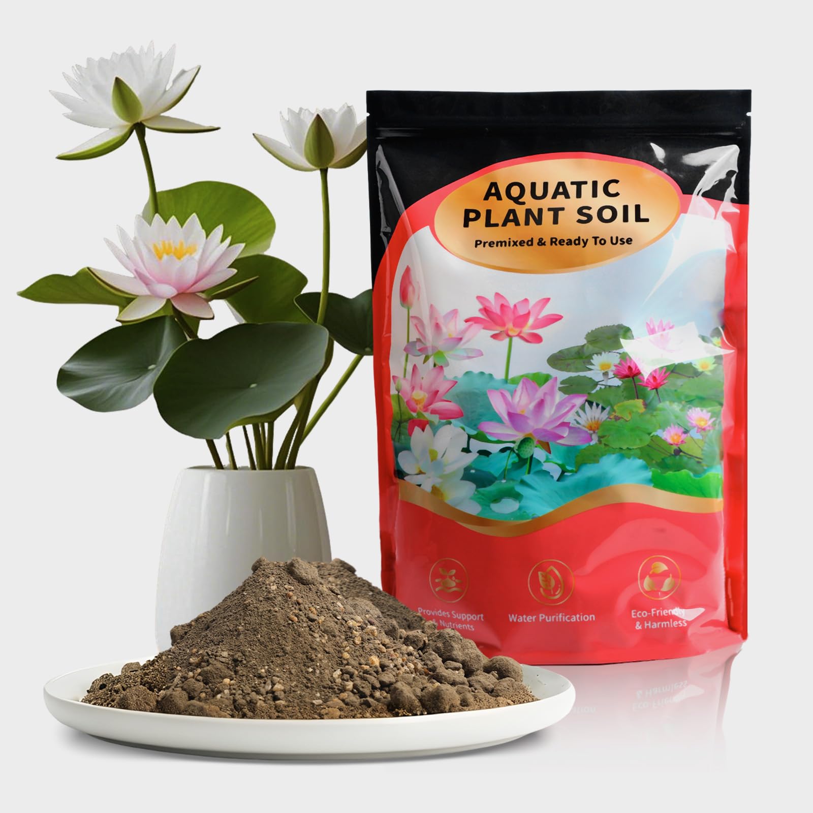 Doter Aquatic Plant Soil surrounds lotus rhizomes for stable growth.