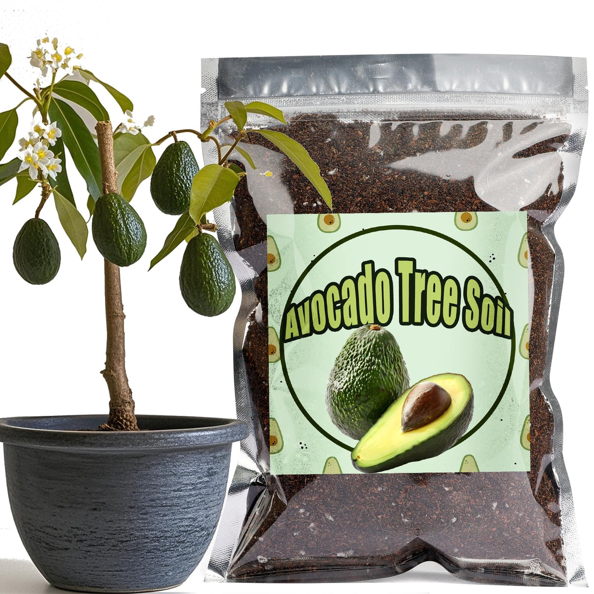 Doter Avocado Soil Mix 1qt bag close-up shows loamy texture for healthy roots.