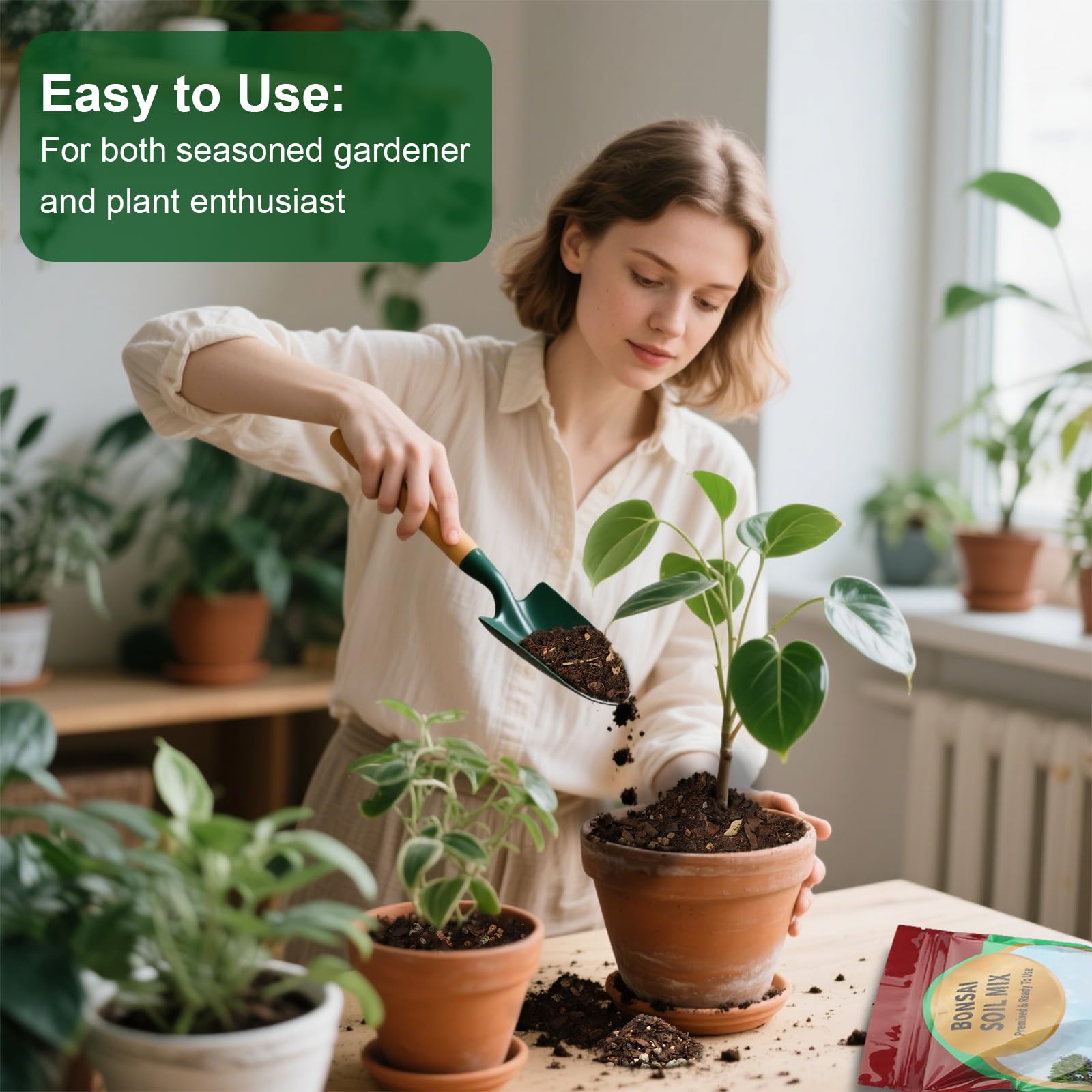 Doter Bonsai Soil Mix in pot demonstrates universal compatibility with juniper and ficus