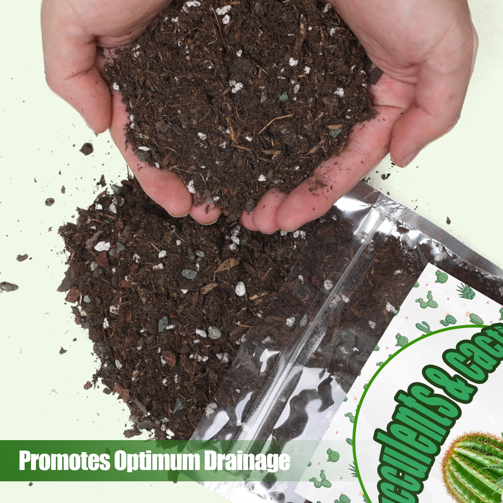 Close-up of Doter soil mix texture showing perlite and sand for airy drainage.