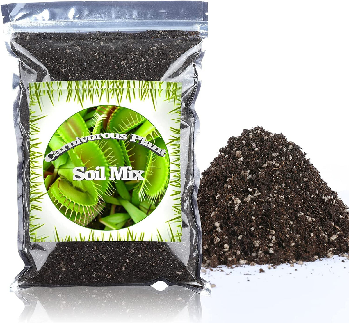 Doter Carnivorous Plant Soil Mix packaging close-up with natural ingredients and resealable bag