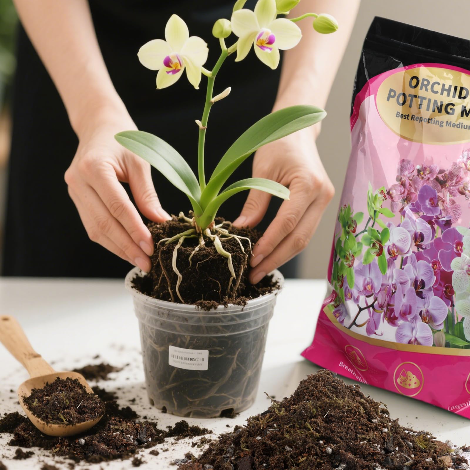 Chunky orchid bark blends with moss for improved aeration.