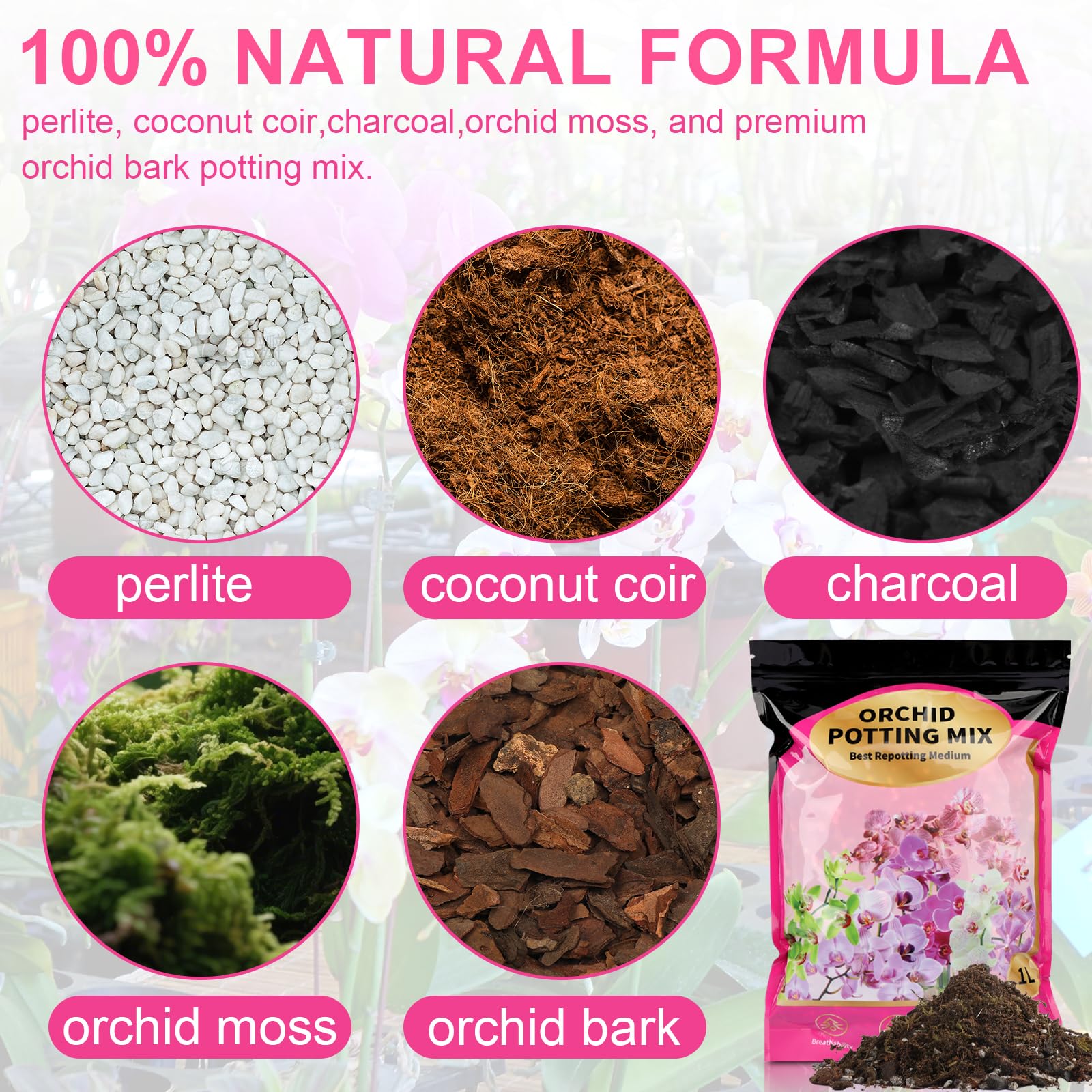 Dry mix close-up reveals airy perlite and bark for fast drainage.