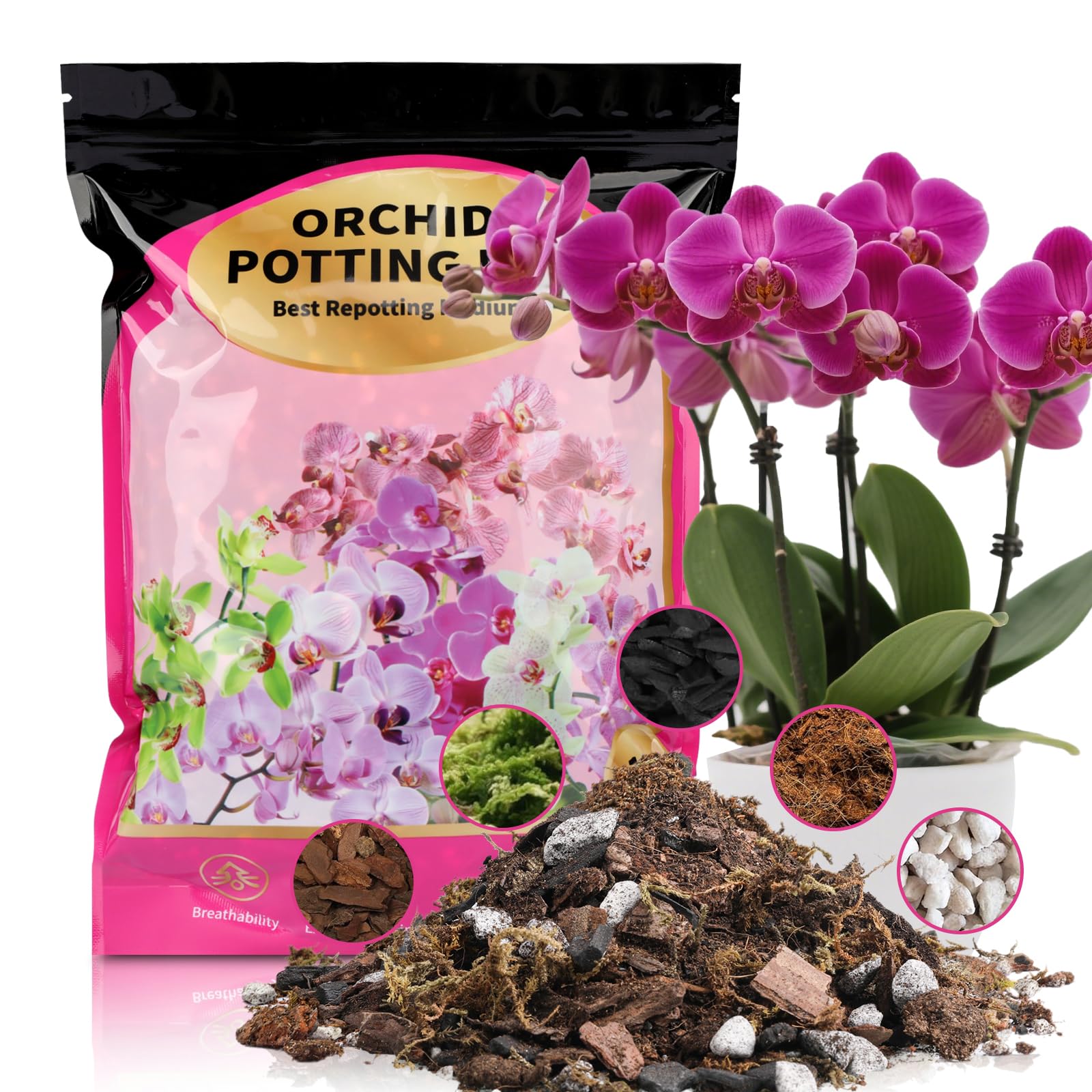Doter orchid potting mix packaging highlights all-natural formula for healthier roots.