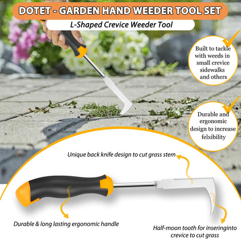 Dotet 4-teeth weed puller penetrates soil to loosen and lift weeds.