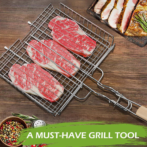 Double Two grill basket with detachable handle for easy storage and handling.