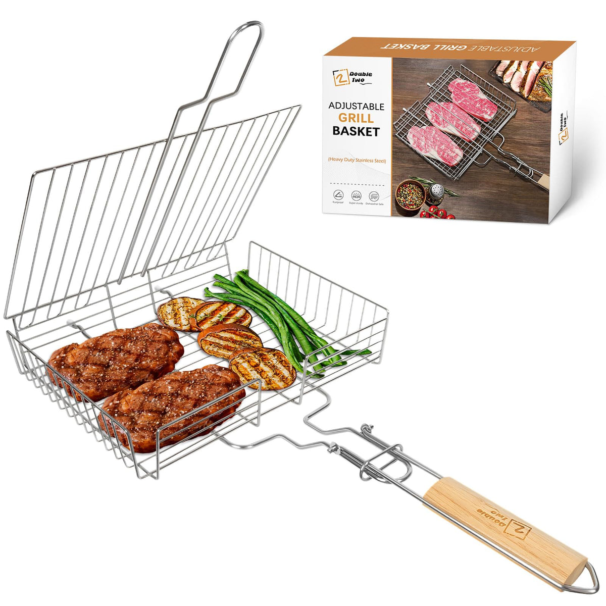 Double Two grill basket with 14x14 surface for even searing of meats and veggies.
