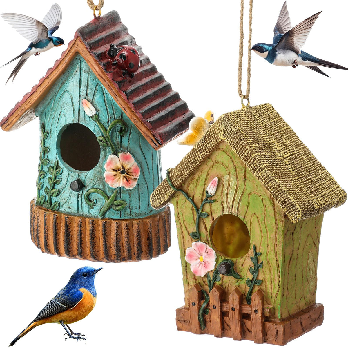 DoubleFill multicolor hanging birdhouse attracts birds and boosts garden decor.