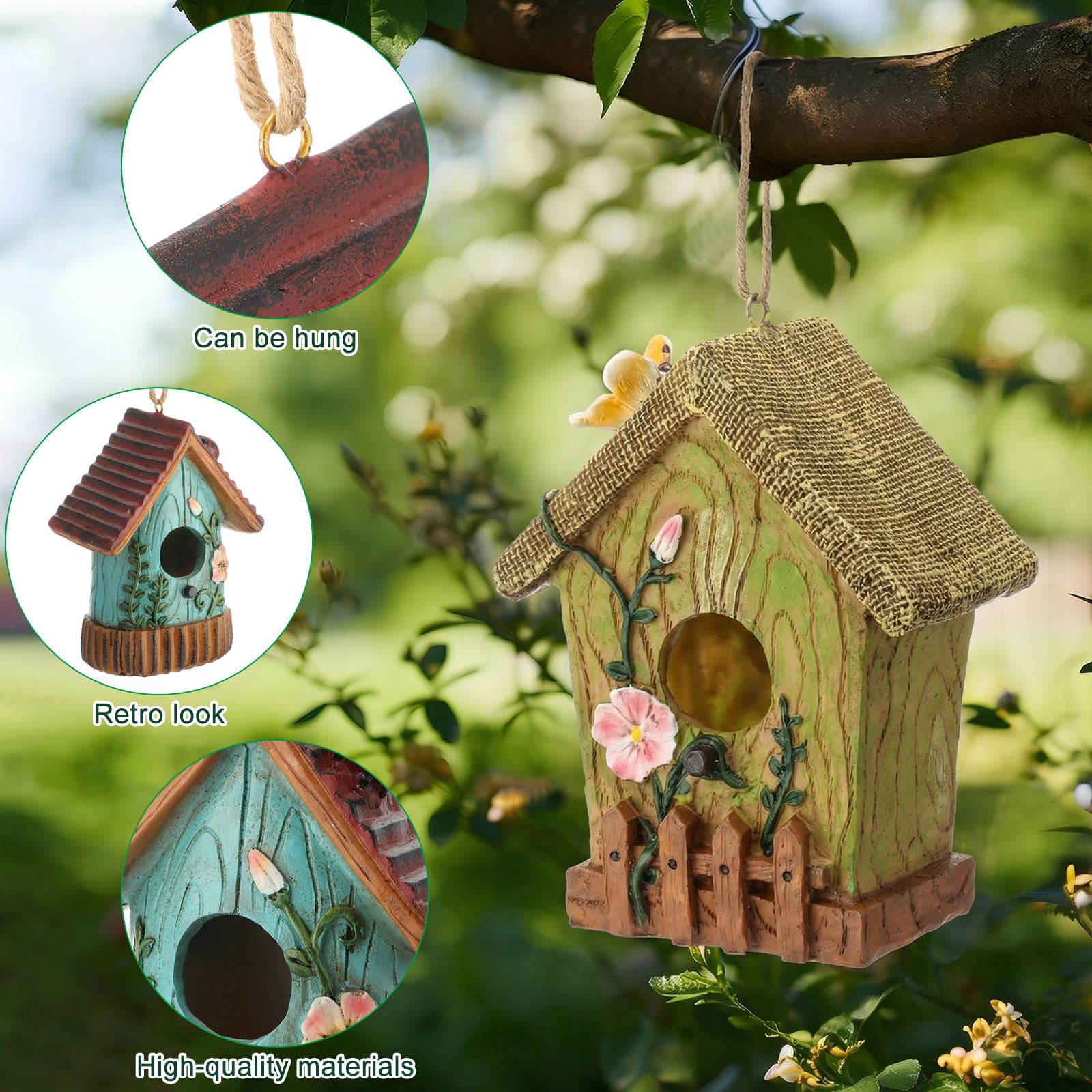 DoubleFill outdoor-ready resin birdhouse withstands rain and wind while welcoming birds.