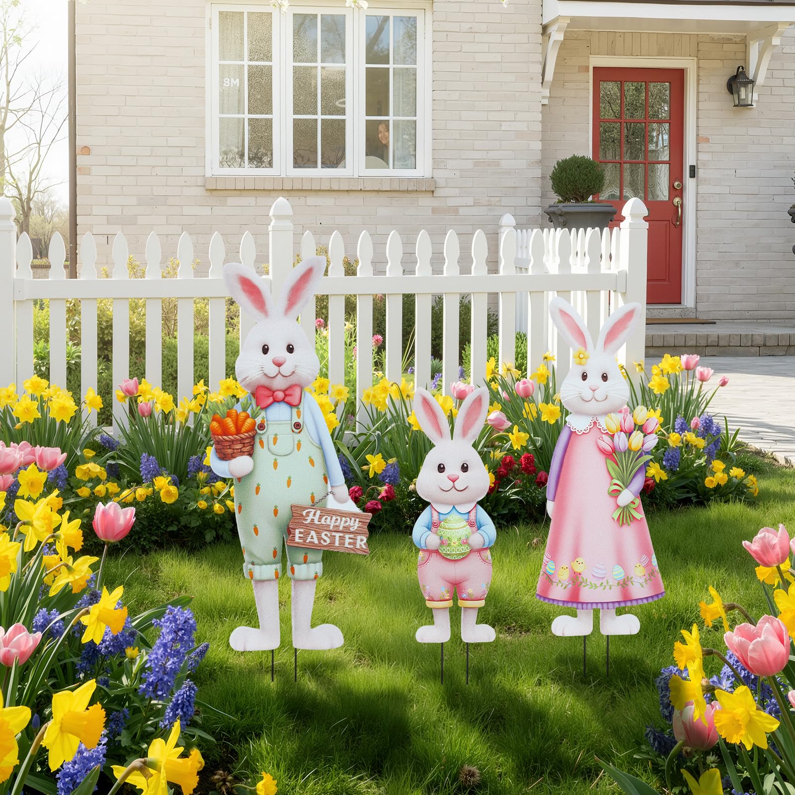 DoubleFill bunny family garden stakes adding playful texture to lawn