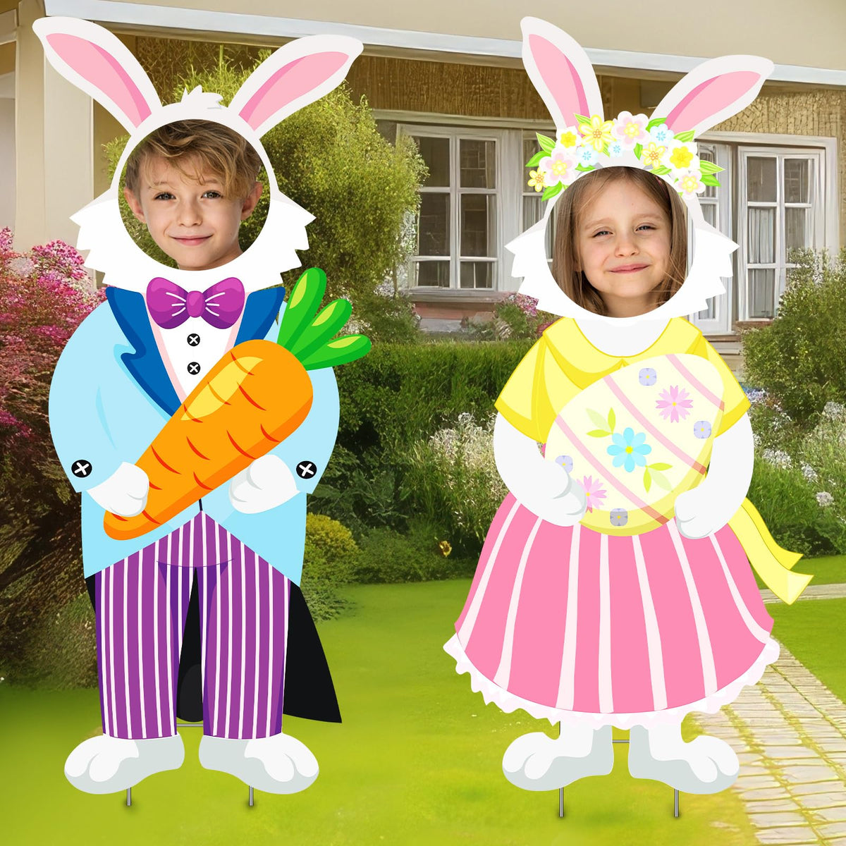 DoubleFill Easter bunny-face yard sign set enhances photos and egg hunts outdoors