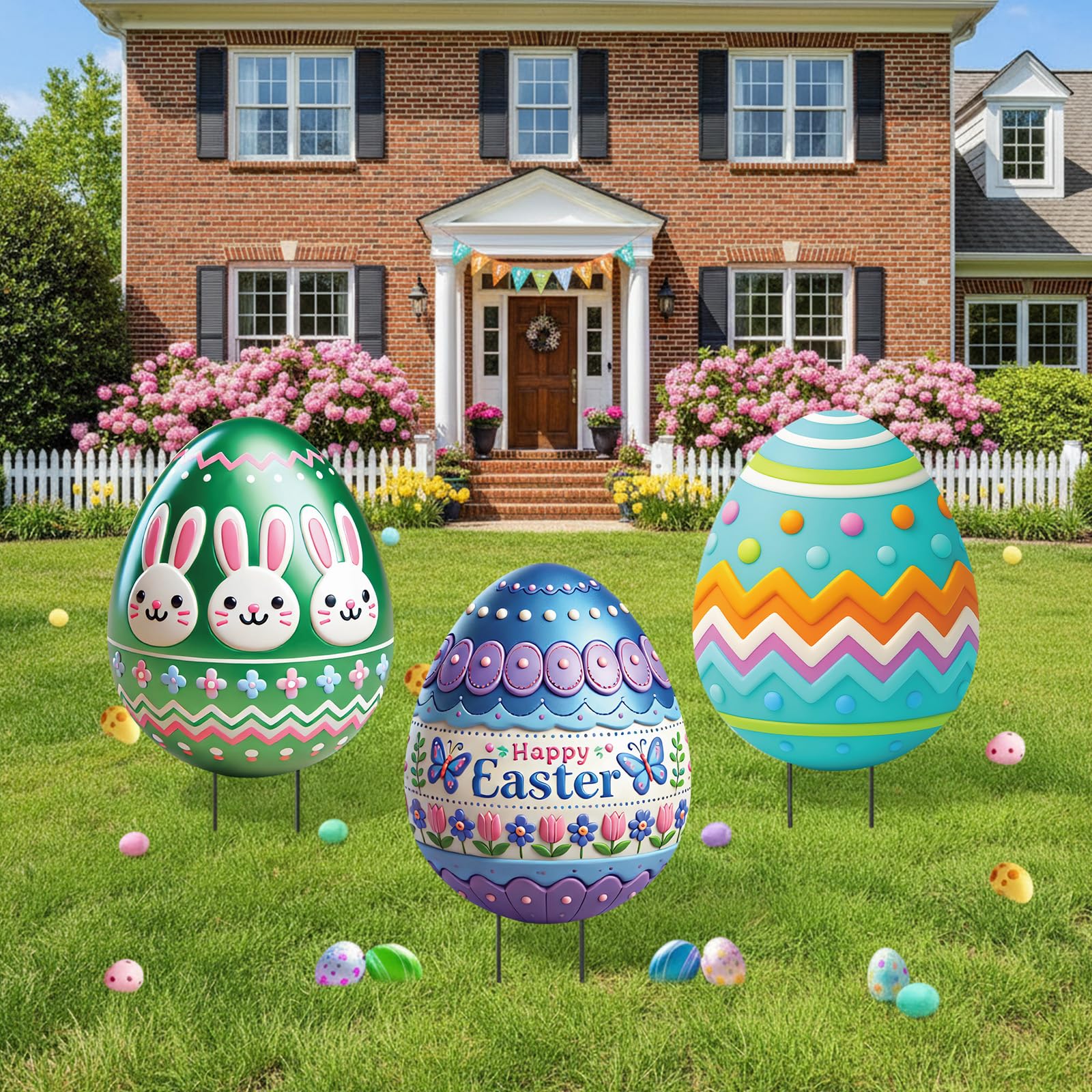 DoubleFill 3D Easter egg yard stake with bright colors enhances garden decor