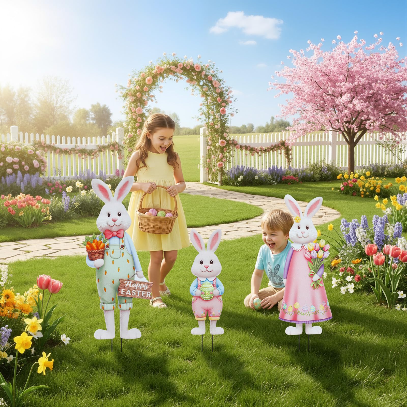 DoubleFill Easter garden stake set creates a cheerful yard centerpiece